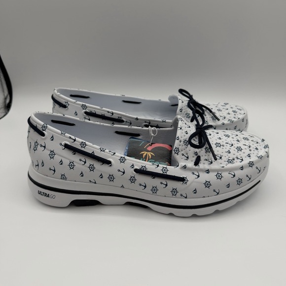 Skechers Cali Gear Ultra Go Walk 5 Boat Shoes Womens Sz 8 White Nautical Anchors - Picture 2 of 10